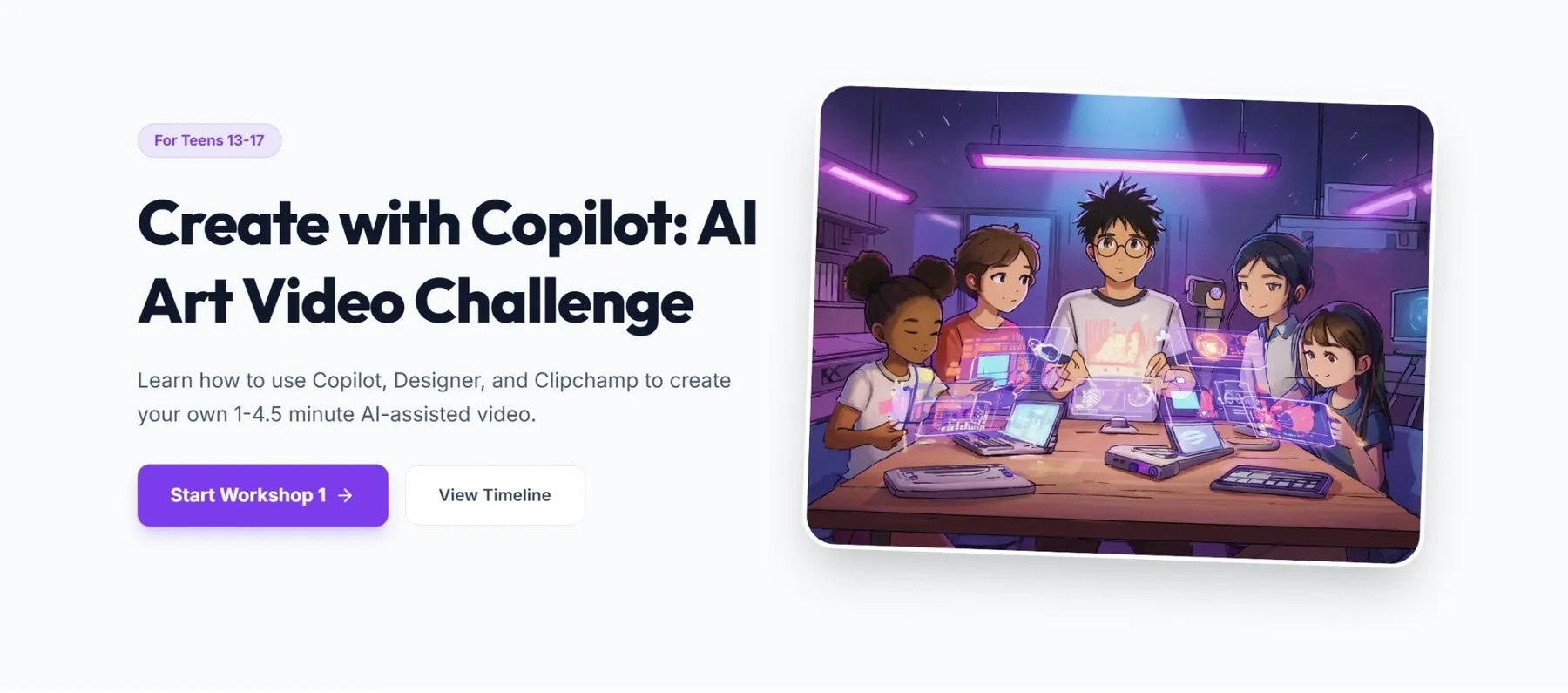 The Create with Copilot AI Art Video Challenge platform, with workshop links and an illustrated hero image